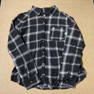 Hollister Black White Plaid Button Up Shirt Metallic Silver Threads Womens M EUC